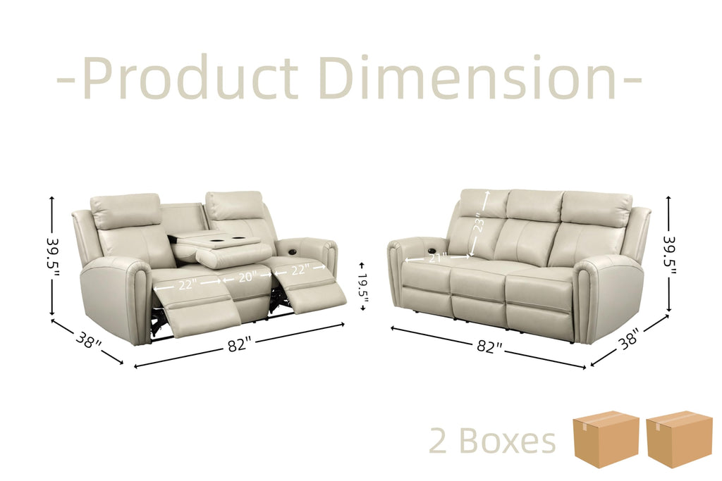 Brown Top Grain Leather Power Recliner Sofa Couch Set with USB Port.