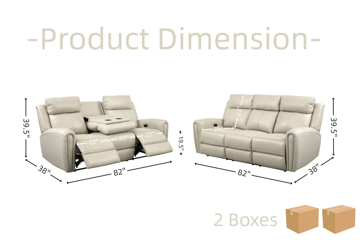 Brown Top Grain Leather Power Recliner Sofa Couch Set with USB Port.