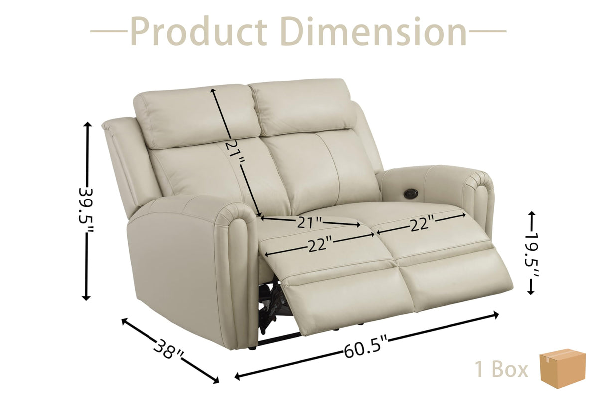 Brown Top Grain Leather Power Recliner Sofa Couch Set with USB Port.
