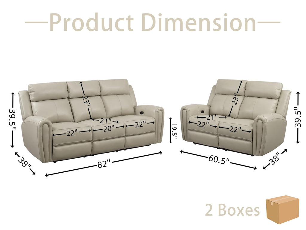 Brown Top Grain Leather Power Recliner Sofa Couch Set with USB Port.