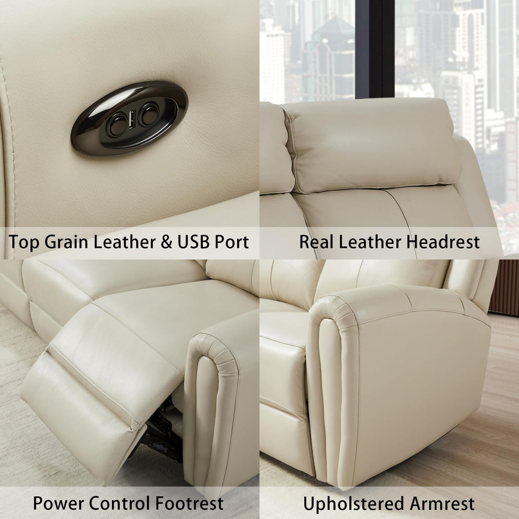 Brown Top Grain Leather Power Recliner Sofa Couch Set with USB Port.