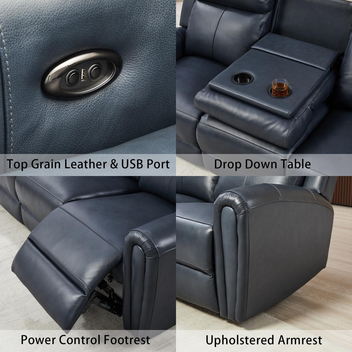 Brown Top Grain Leather Power Recliner Sofa Couch Set with USB Port.