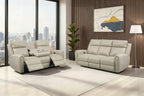 Brown Top Grain Leather Power Recliner Sofa Couch Set with USB Port.