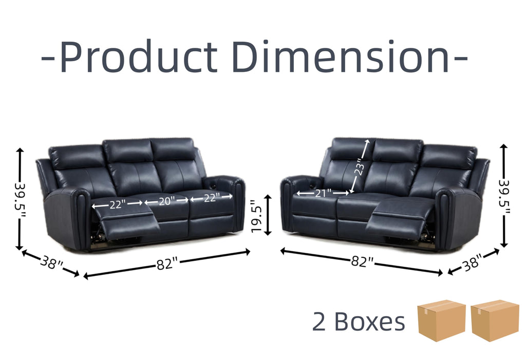 Brown Top Grain Leather Power Recliner Sofa Couch Set with USB Port.