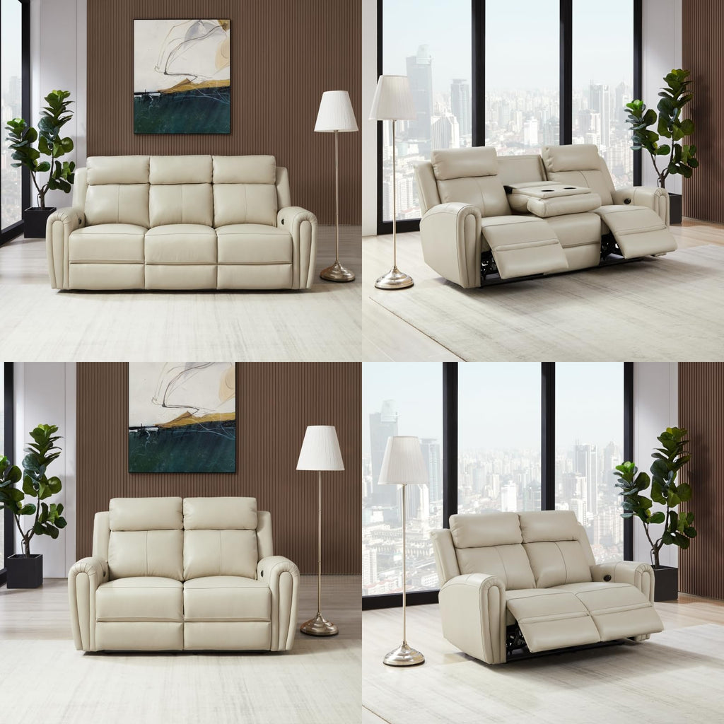 Brown Top Grain Leather Power Recliner Sofa Couch Set with USB Port.