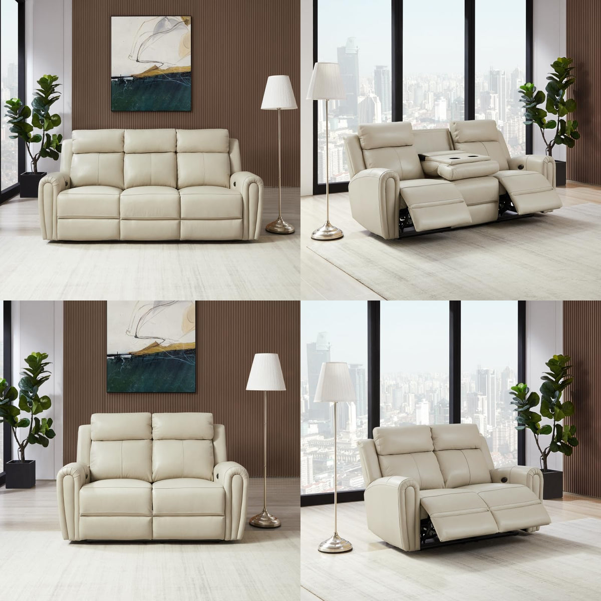 Brown Top Grain Leather Power Recliner Sofa Couch Set with USB Port.