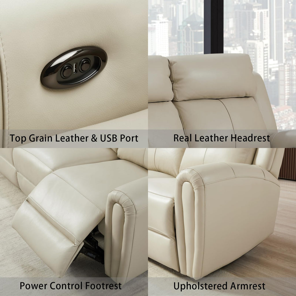 Brown Top Grain Leather Power Recliner Sofa Couch Set with USB Port.