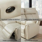Brown Top Grain Leather Power Recliner Sofa Couch Set with USB Port.