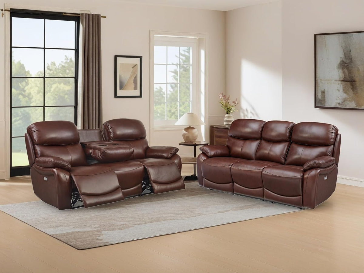 Brown Top Grain Leather Power Recliner Sofa Couch Set with USB Port.