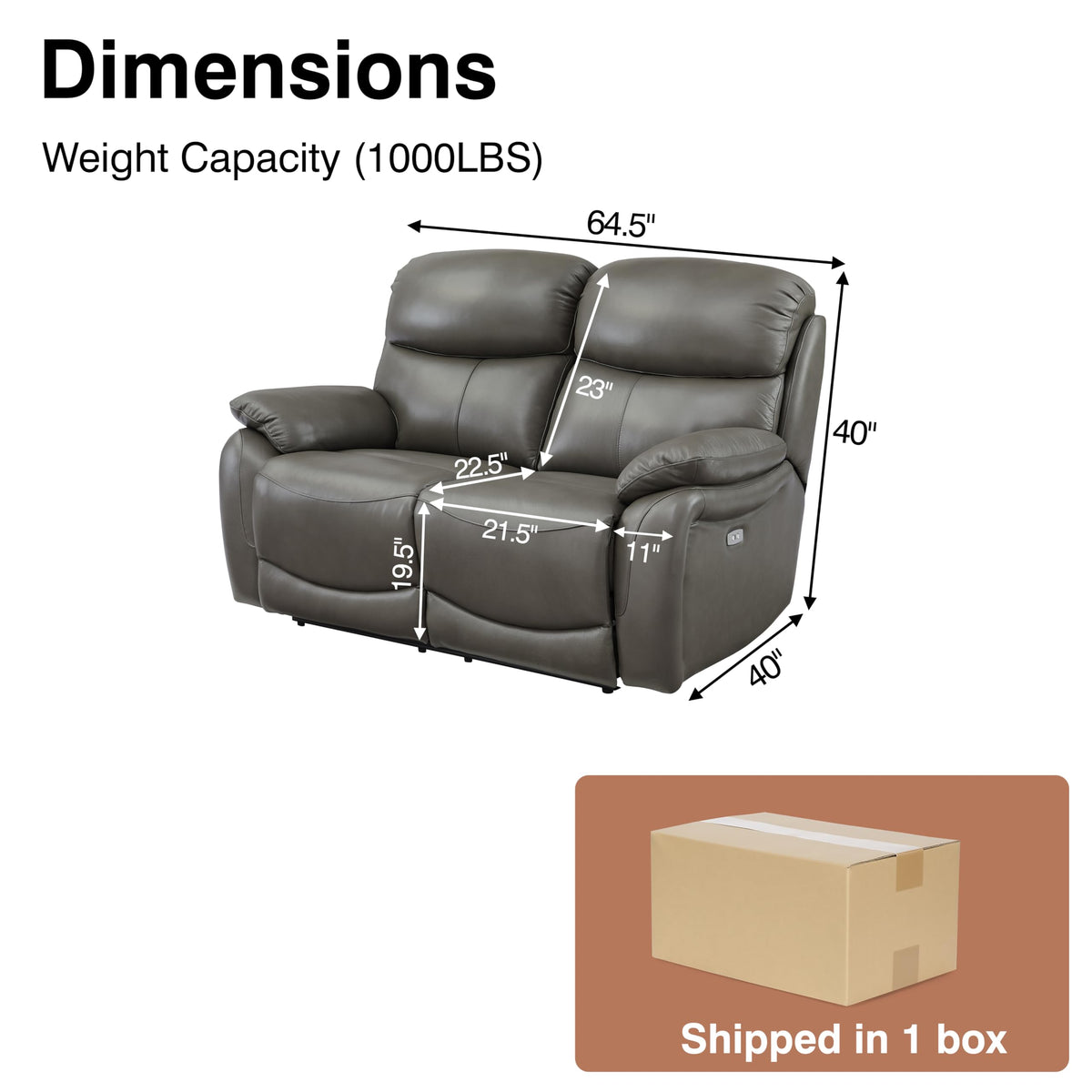 Brown Top Grain Leather Power Recliner Sofa Couch Set with USB Port.