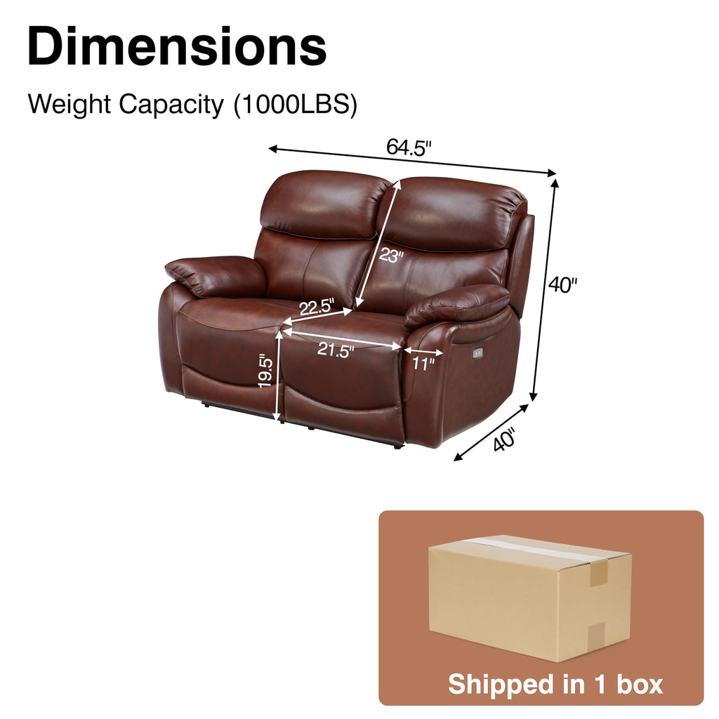 Brown Top Grain Leather Power Recliner Sofa Couch Set with USB Port.