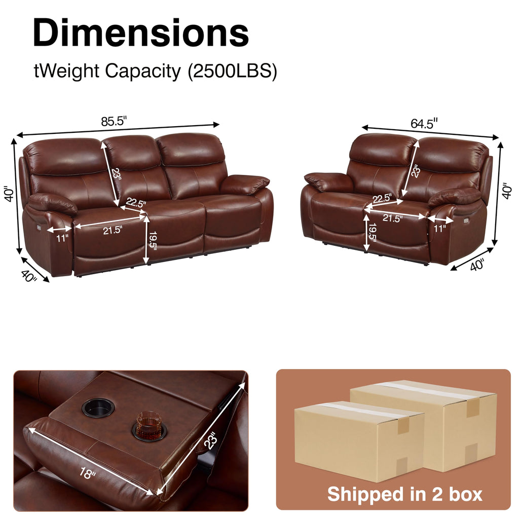 Brown Top Grain Leather Power Recliner Sofa Couch Set with USB Port.