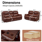 Brown Top Grain Leather Power Recliner Sofa Couch Set with USB Port.