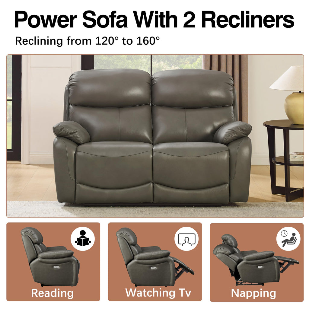 Brown Top Grain Leather Power Recliner Sofa Couch Set with USB Port.