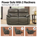 Brown Top Grain Leather Power Recliner Sofa Couch Set with USB Port.