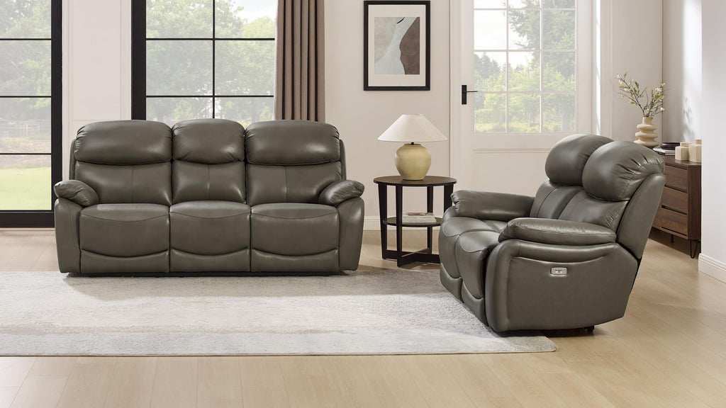 Brown Top Grain Leather Power Recliner Sofa Couch Set with USB Port.