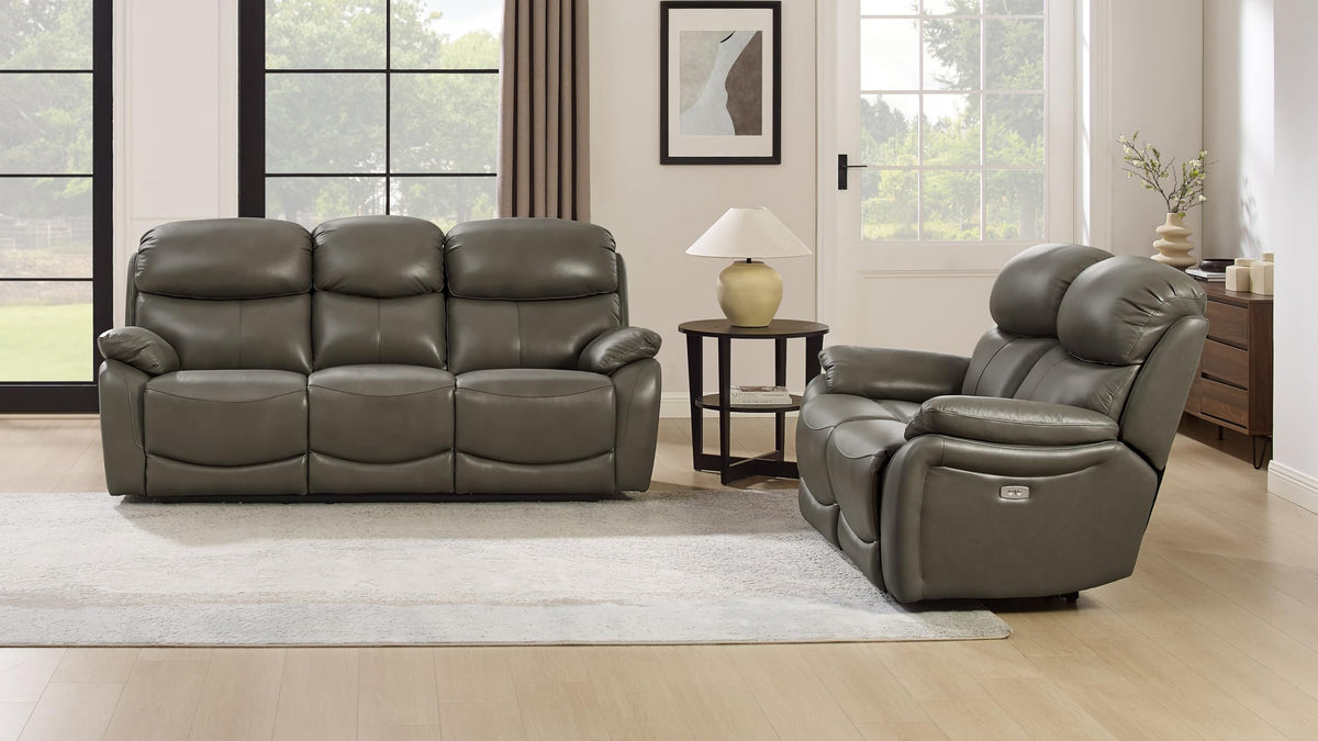 Brown Top Grain Leather Power Recliner Sofa Couch Set with USB Port.