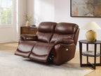 Brown Top Grain Leather Power Recliner Sofa Couch Set with USB Port.