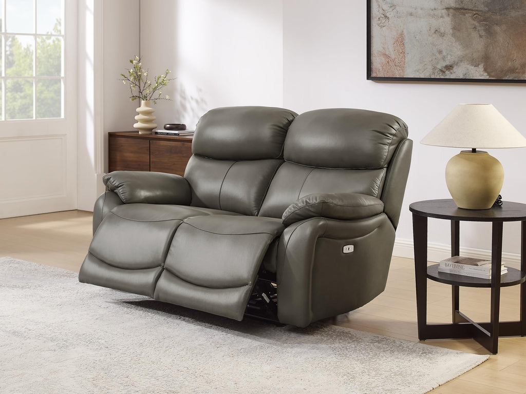 Brown Top Grain Leather Power Recliner Sofa Couch Set with USB Port.
