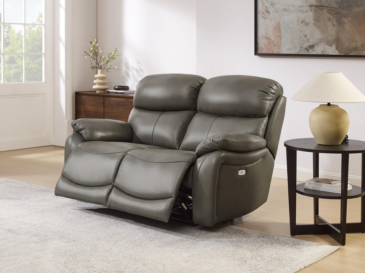 Brown Top Grain Leather Power Recliner Sofa Couch Set with USB Port.