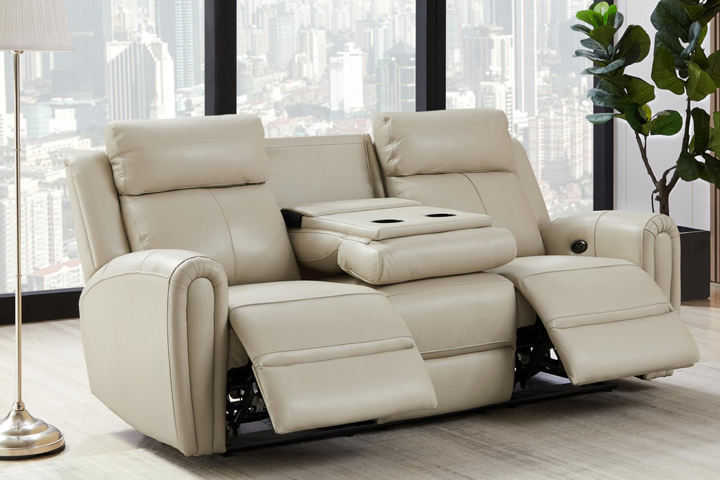 Brown Top Grain Leather Power Recliner Sofa Couch Set with USB Port.