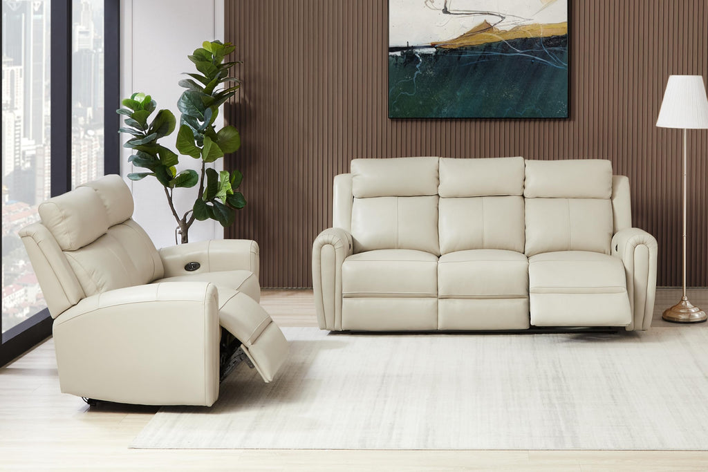 Brown Top Grain Leather Power Recliner Sofa Couch Set with USB Port.