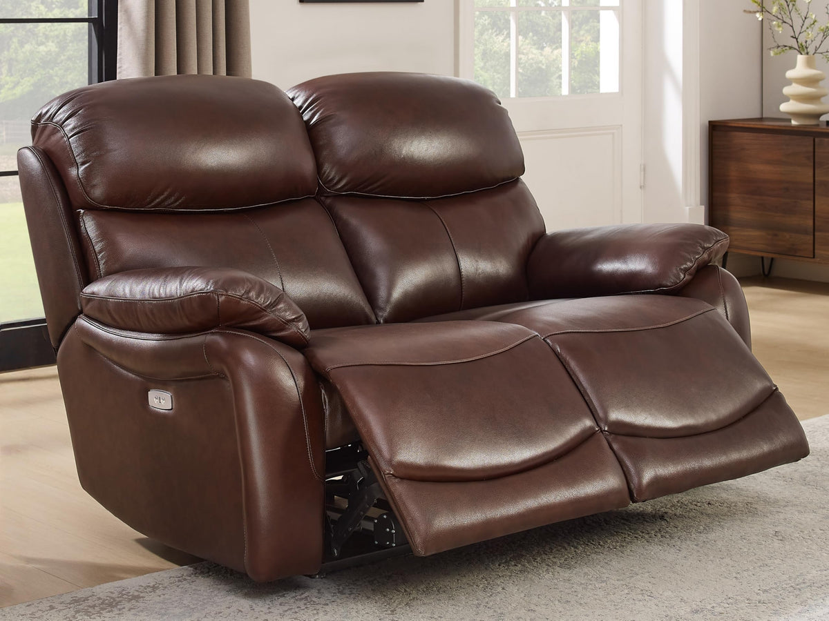 Brown Top Grain Leather Power Recliner Sofa Couch Set with USB Port.