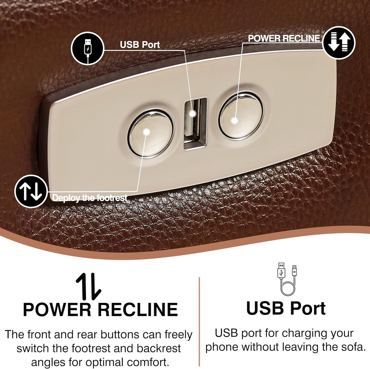 Brown Top Grain Leather Power Recliner Sofa Couch Set with USB Port.