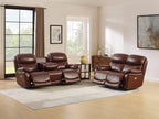 Brown Top Grain Leather Power Recliner Sofa Couch Set with USB Port.