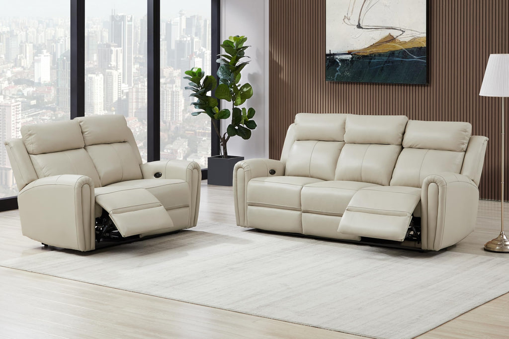 Brown Top Grain Leather Power Recliner Sofa Couch Set with USB Port.