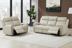 Brown Top Grain Leather Power Recliner Sofa Couch Set with USB Port.