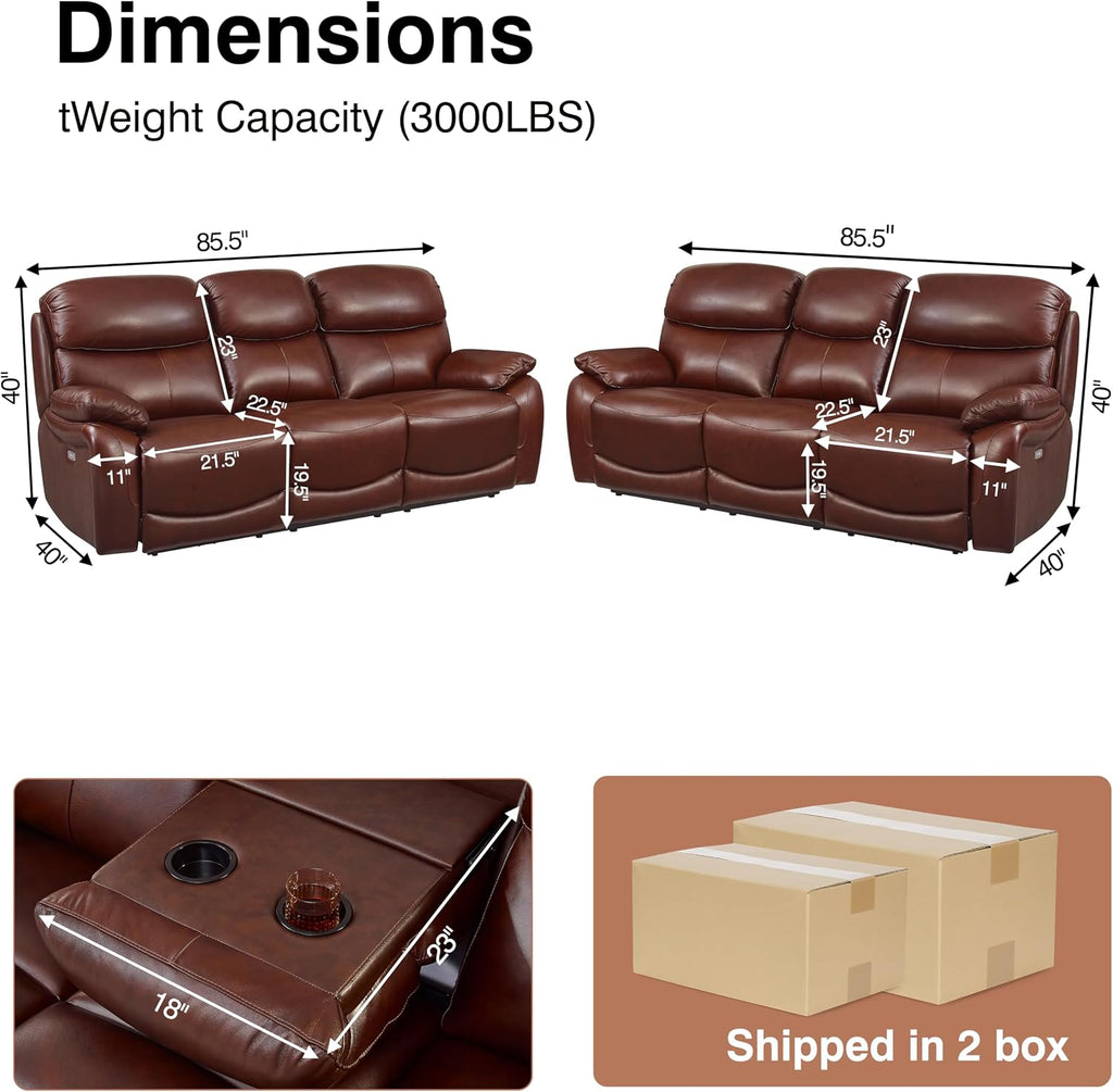 Brown Top Grain Leather Power Recliner Sofa Couch Set with USB Port.