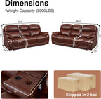 Brown Top Grain Leather Power Recliner Sofa Couch Set with USB Port.