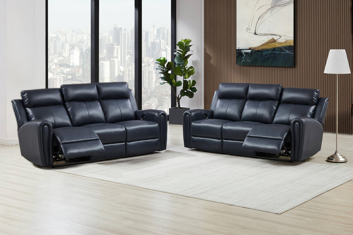 Brown Top Grain Leather Power Recliner Sofa Couch Set with USB Port.
