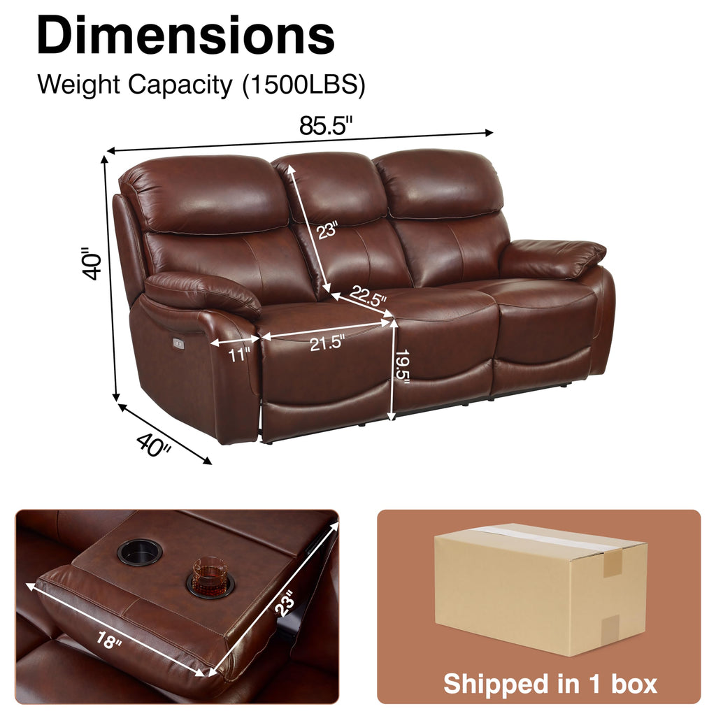 Brown Top Grain Leather Power Recliner Sofa Couch Set with USB Port.
