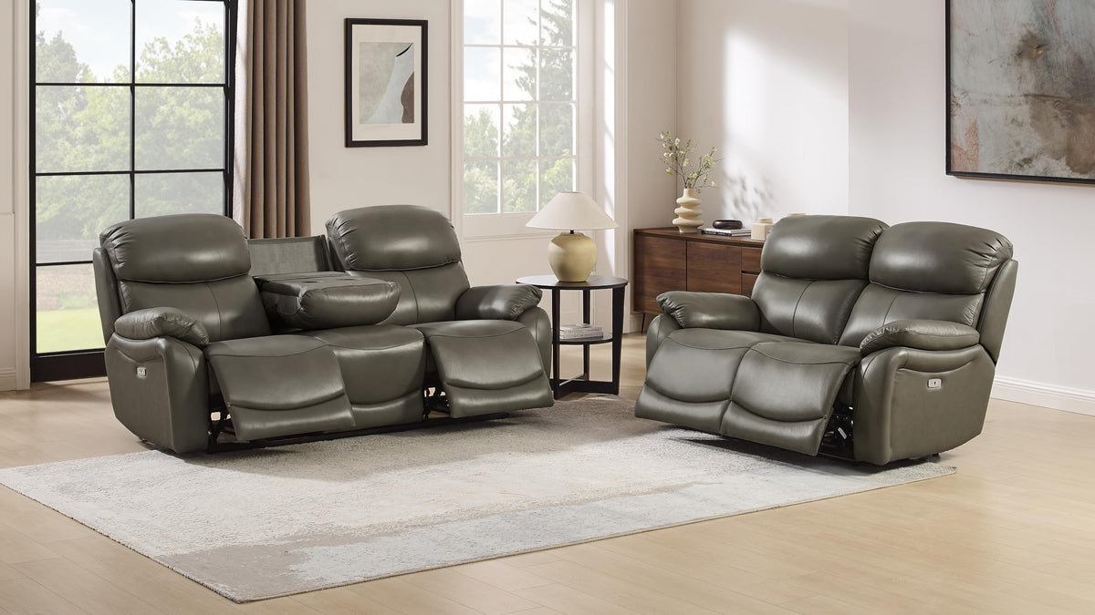 Brown Top Grain Leather Power Recliner Sofa Couch Set with USB Port.