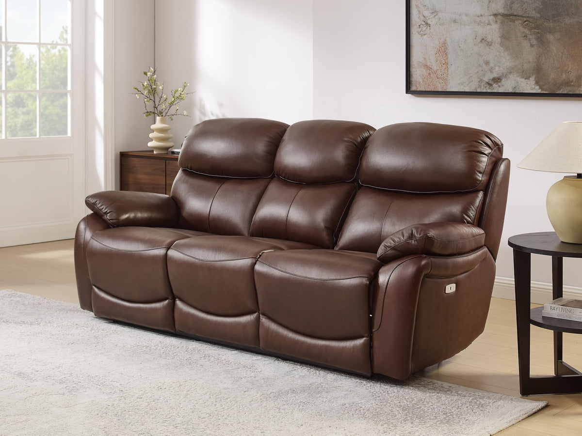 Brown Top Grain Leather Power Recliner Sofa Couch Set with USB Port.