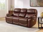 Brown Top Grain Leather Power Recliner Sofa Couch Set with USB Port.