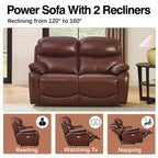 Brown Top Grain Leather Power Recliner Sofa Couch Set with USB Port.