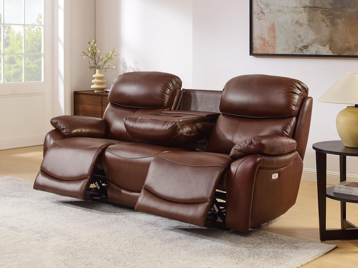 Brown Top Grain Leather Power Recliner Sofa Couch Set with USB Port.