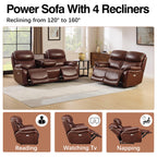 Brown Top Grain Leather Power Recliner Sofa Couch Set with USB Port.