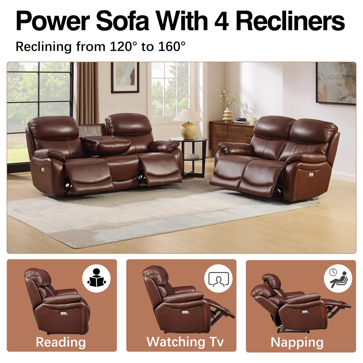Brown Top Grain Leather Power Recliner Sofa Couch Set with USB Port.