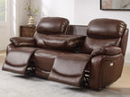 Brown Top Grain Leather Power Recliner Sofa Couch Set with USB Port.