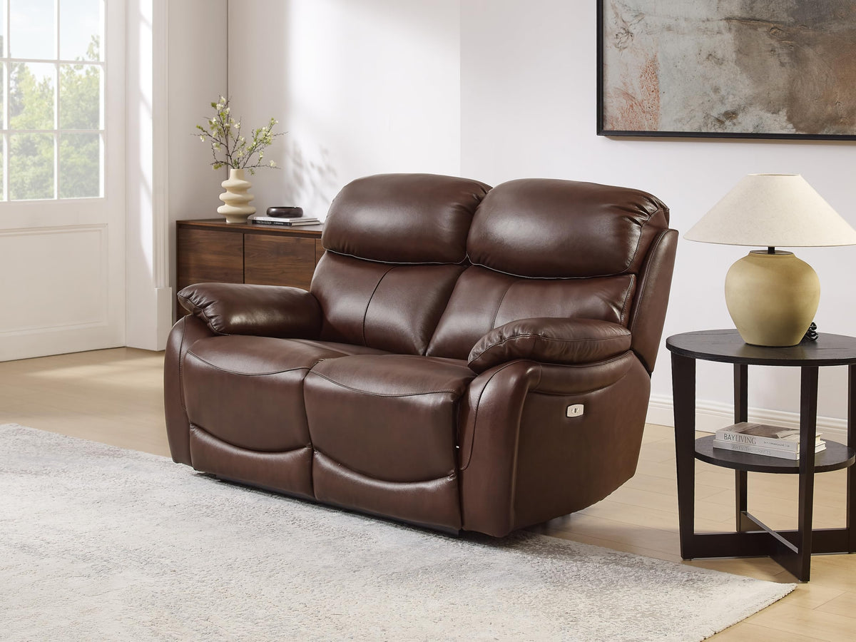 Brown Top Grain Leather Power Recliner Sofa Couch Set with USB Port.