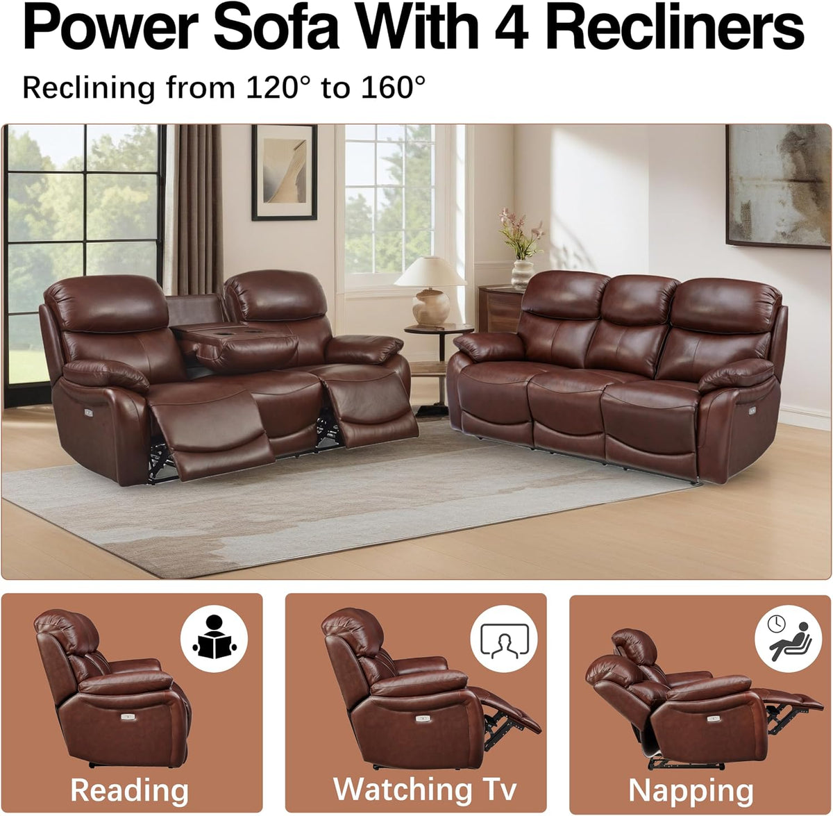 Brown Top Grain Leather Power Recliner Sofa Couch Set with USB Port.