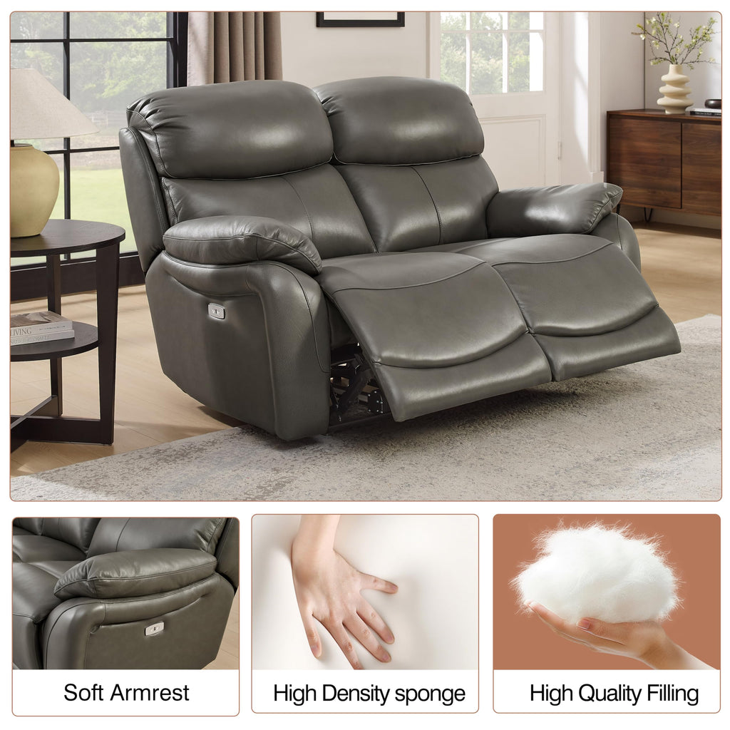 Brown Top Grain Leather Power Recliner Sofa Couch Set with USB Port.