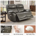 Brown Top Grain Leather Power Recliner Sofa Couch Set with USB Port.