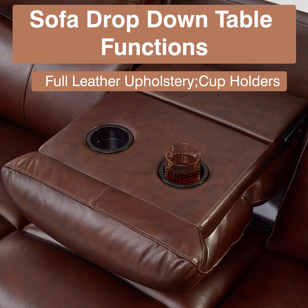 Brown Top Grain Leather Power Recliner Sofa Couch Set with USB Port.