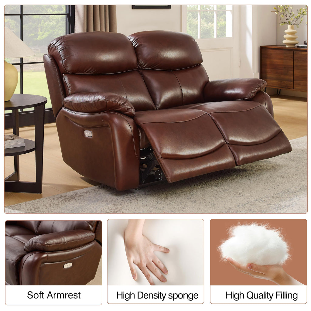 Brown Top Grain Leather Power Recliner Sofa Couch Set with USB Port.
