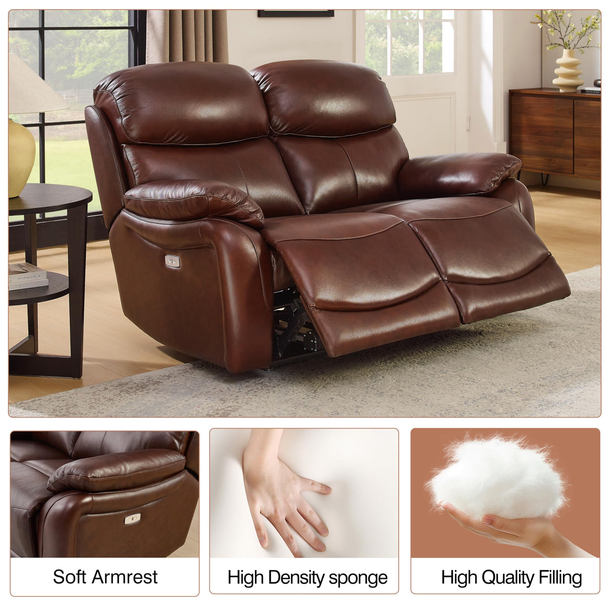 Brown Top Grain Leather Power Recliner Sofa Couch Set with USB Port.